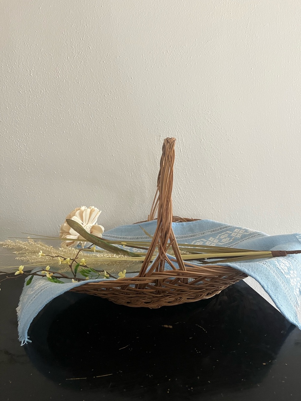 Authentic Vintage Rattan Handled Basket with Blue Lining and Decorative Floral